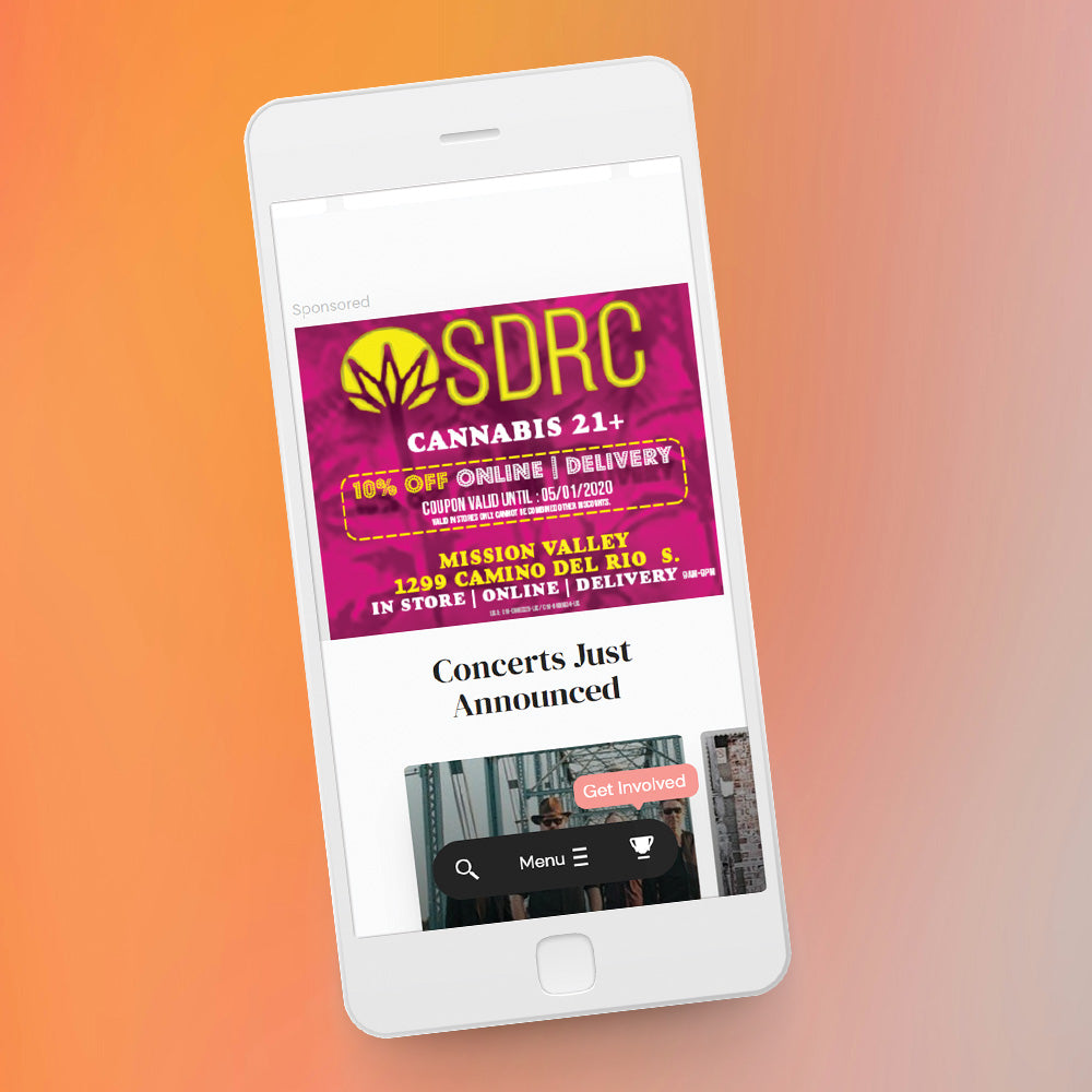 Phone displaying a cannabis delivery app on an orange gradient background